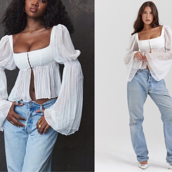 NWOT House of CB 'Lucie' White Pleated long sleeves crop top Top sz M - Picture 2 of 8